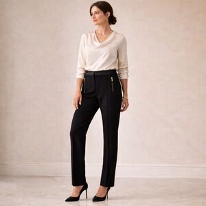 Chico's Size 1 Black Dress Pants Satin Waist Gold Zip Pockets Career Trousers